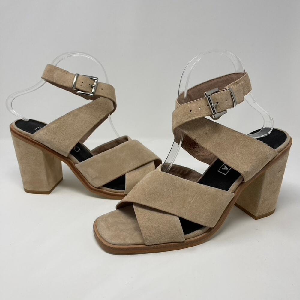 Sol Sana Neutral Suede Cross Over Square Toe Strappy Ankle Wrap Womens Heel 10